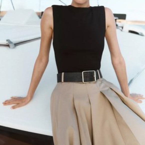 Zara Shoulder Pad Midi Dress Full Skirt Sand / Black - Picture 4 of 15